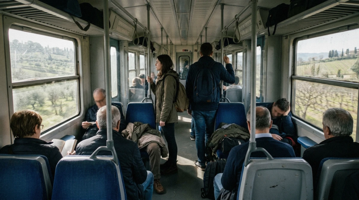 A busy commuter carriage on the Circumvesuviana line, the service that replaces the Campania Express between Sorrento and Pompeii, Campania, Italy