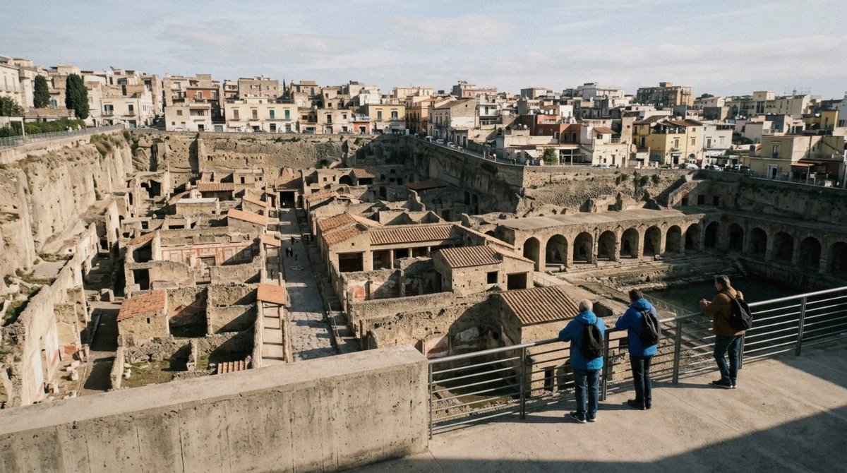 Intact two-storey Roman houses and the arched boat chambers of the Herculaneum excavation seen from the terrace on a Pompeii and Herculaneum tour from Sorrento, Campania, Italy
