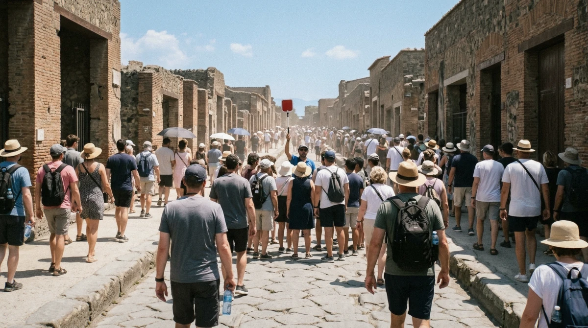 Visitors walking down the basalt paving of Via dell'Abbondanza at midday on a visit to Pompeii from Sorrento, Campania, Italy