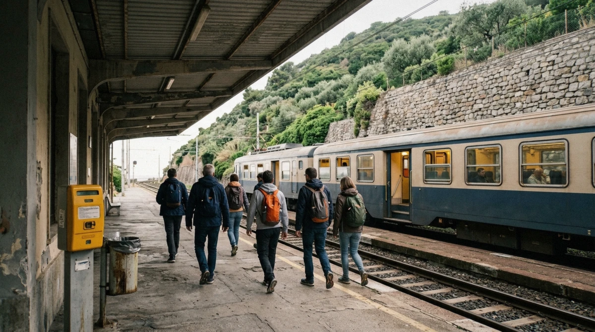 A commuter train waiting at Sorrento station early in the morning at the start of a visit to Pompeii from Sorrento, Campania, Italy