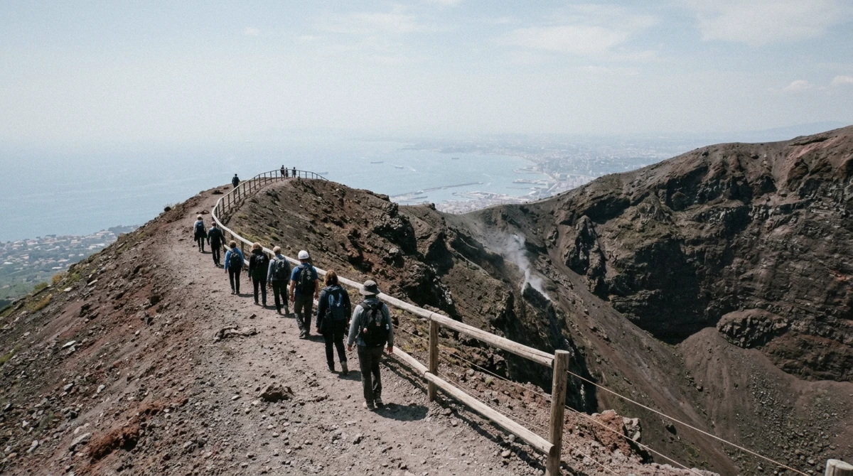 Walkers strung out along the loose cinder path below the crater rim on a Pompeii and Vesuvius tour from Sorrento, Campania, Italy