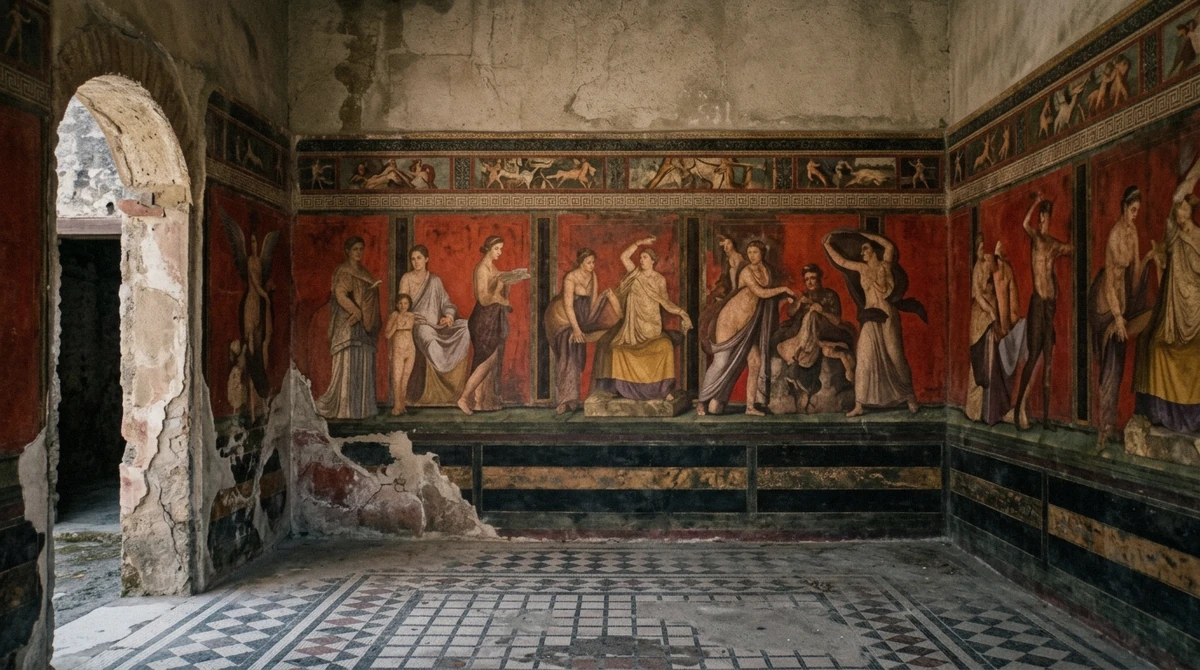 The red-ground fresco frieze inside the Villa of the Mysteries, covered by Pompeii Plus and not by Pompeii Express, on a Pompeii tour from Sorrento, Campania, Italy